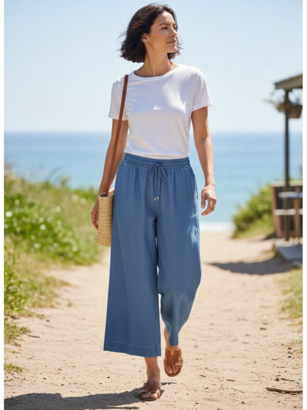 NEW MICHAEL KORS CHAMBRAY CROPPED WIDE LEG PULL ON BLUE COTTON PANTS